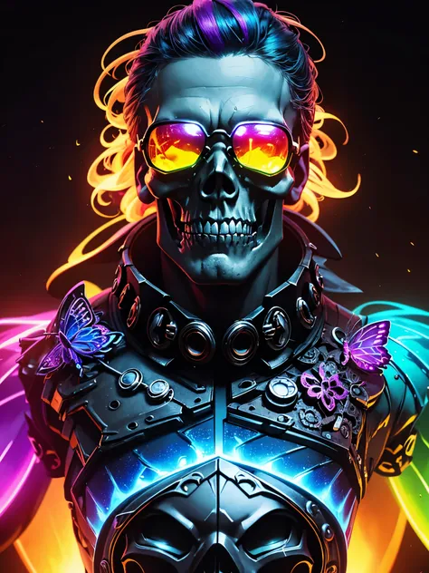 pixel sorted，superhero skull，gory art，steampunc，glowing butterfly，with black background，((luminous sunglasses))，close-up of skul...