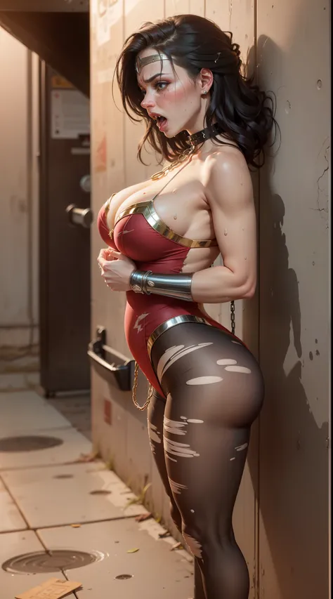 (( His shorts are torn, Your blouse is torn, Your mesh is torn, his uniform is torn, his costume is torn., Your clothes are torn, his pantyhose are torn)) sem calcinha, no-bra. WONDER WOMAN SUPERHEROINE.  Shes sweaty all over her body. (( Your body is drip...