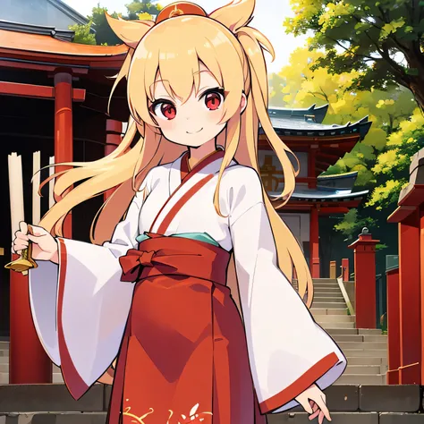 Ichigo Hoshimiya、Red Eyes、a blond、shrine maiden clothe、shrines、A smile