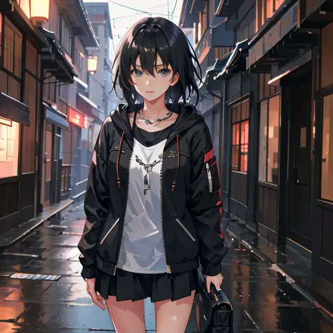 1girl, jacket, rain, outdoor, hoodie, open jacket, chain, backpack, looking at another, messy hair, trending on artstation, 8k resolution, highly detailed, anatomically correct, sharp image, digital painting, concept art, trending on pixiv, style of makoto...