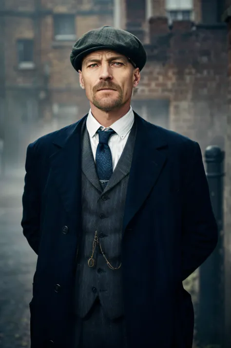 there is a man in a suit and tie standing in a street, peaky blinders, costumes from peaky blinders, peaky blinders (2018), peak...