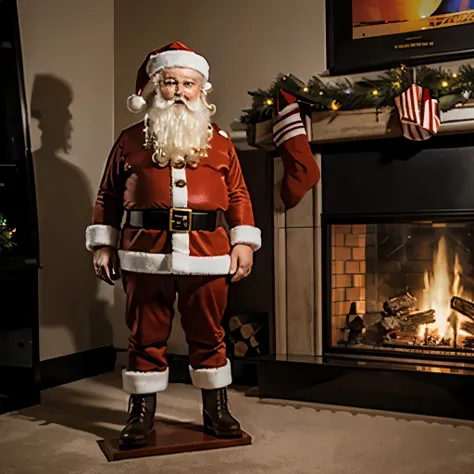 Santa Claus stands next to the fireplace