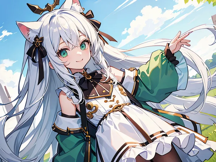 high qulity, Best quality at best, tmasterpiece, One Little Girl，Facing the camera direction，long  white hair, whaite hair，green-eyed, cat ear，Smile Expression