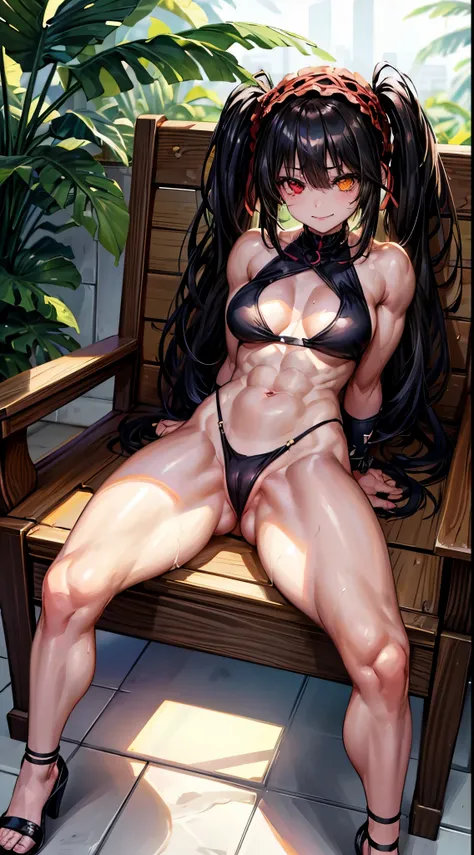 1 girl, bare shoulders, black hair, medium breasts, (muscular legs), (bare legs), white skin, muscular belly, wide hips, thin waist, (((clock eyes))), in the pool with the hot sun , (sitting on the chair with her legs open showing her pussy), full body, ha...