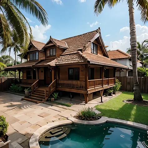 photo realistic 4k, traditional Malay house, elevated, 1 storey, small rounded water well beside of house, house roof using attap palm, zinc toilet outside of the house, 1800s style, surrounding by coconut tree, old bicycle park in front of house