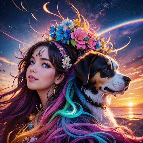 A master and Saint Bernards in the style of Lisa Frank, (best quality,4k,8k,highres,masterpiece:1.2),ultra-detailed,(realistic,photorealistic,photo-realistic:1.37), colorful and vibrant, glowing, dreamlike, neon lights, detailed fur and features, sparkling...