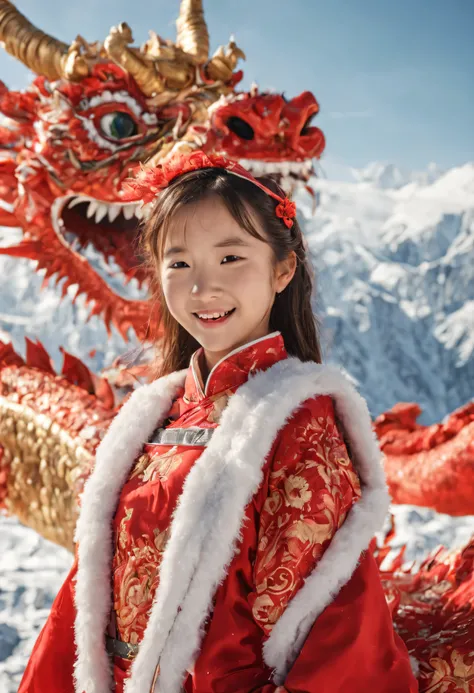 a beautiful 10 year old girl,Beautiful appearance,pretty eyes,Eyes sparkle,Smiling,beaming,Dressed in red,Next to it is a huge Chinese dragon, in snow,The background is high mountains,rays of sunshine灿真, A high resolution, hyper HD, 8K, 4K, filmgrain, s de...