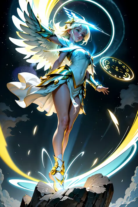 Obra maestra, (La mejor calidad:1.2), [:Detalles intrincados:0.2], 1girl, senos grandes, angel, angel wings, Volantes blancos, (cielo diurno), Aura brillante, intense focus, crackling energy, mysterious symbols, motas brillantes,