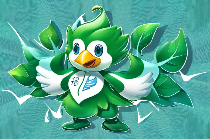 Full body portrait of mascot,Lovely image,with dynamism,green leaf,Gentle curves,bird shape,green and blue,knowledge and action,