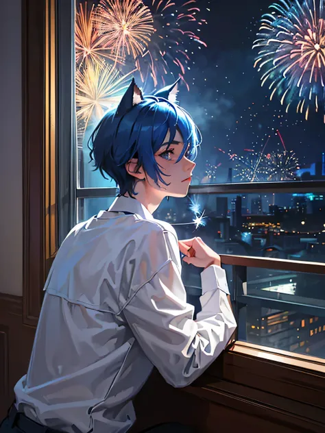 Masterpiece, best quality, super detailed, illustration, a sad boy, short blue hair, blue cat ears, blue eyes ,wearing a sweater in his dark and dreary room, ((looking out the window at the fireworks display on the horizon while feeling alone)).