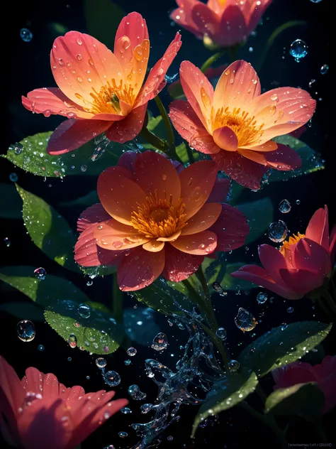 8k resolution, Gothic deviation art, complementary colors, soft cinematic light, light lab, HDR, presenting ultra-detailed complex flowers and water drops. Flower petals and water droplets glow to reveal a dreamy intricate style.