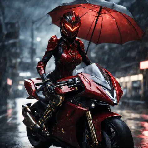 look at viewer, japanese girl, WARFRAME, intricate pattern, heavy metal, energy lines, faceless, glowing eyes, elegant, intense, blood red and black uniform, solo , riding motorcycle, modern, city, streets, dark clouds, thunderstorm, heavy rain,, dramatic ...