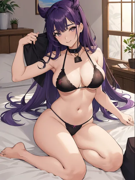 (Obra maestra, La mejor calidad, Ultra detallado, Altamente detallado), (Texturas realistas:0.9), (NSFW:0.9), Japanese character, Anime style, Sentado en una cama, dormitorio, 1mujer, 1girl, solamente, 20 years old, purple hair, Cabello largo, Cola de caba...