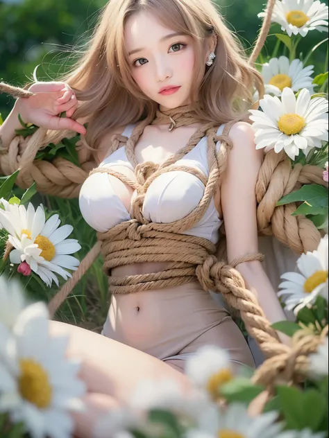 (​masterpiece), (best qualtiy), 8K resolution, 1girl in, asian human, Breathtaking beauty, face perfect, the perfect body, 20yr old, A sexy, ciinematic light, short-haired, large full breasts 、((Close-up of face to chest))、((in a white flower field))、((Big...