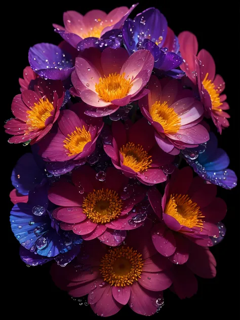 8k resolution, Gothic deviation art, complementary colors, soft cinematic light, light lab, HDR, presenting ultra-detailed complex flowers and water drops. Flower petals and water droplets glow to reveal a dreamy intricate style.