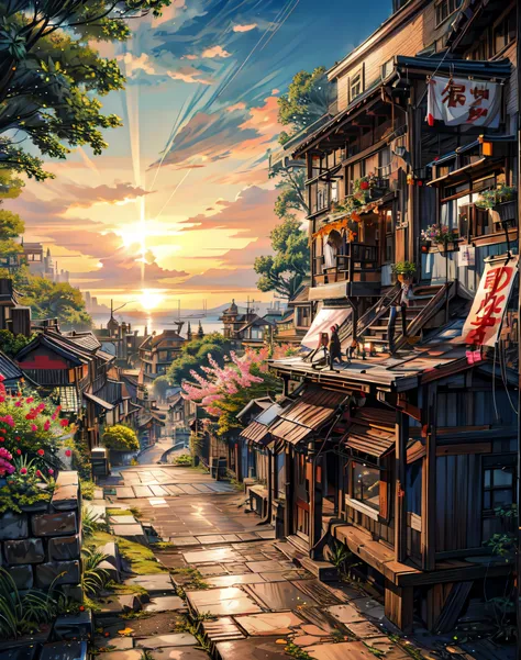 photo of an old street stall, Ghibli , Beautiful landscape ,Sunlight,((Brilliant appearance)),Ghibli style, HD, hiquality, water reflection, Bushes,4k HD, Cloud,beautiful art uhd 4 k, beautiful illustration, beautiful digital painting, highly detailed digi...