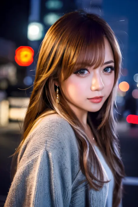 1girl, Tokyo street,night, cityscape,city lights, upper body,close-up, 8k, RAW photo, best quality, masterpiece,realistic, photo-realistic,