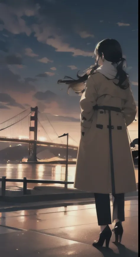 1girl, Chinese women, fitted tan colored trench coat. Under coat is a tight white shirt. Black Scarf around neck blowing in the wind, Golden Gate Bridge, standing near edge. black hair, long black wavy hair, view of back, windy, night lights, clouds drifti...