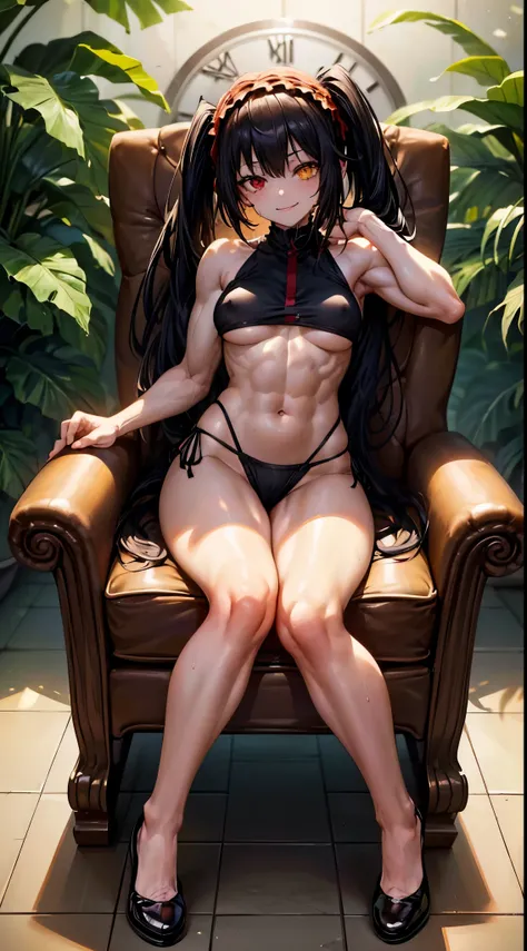 1 girl, bare shoulders, black hair, medium breasts, (muscular legs), (bare legs), white skin, muscular belly, wide hips, thin waist, (((clock eyes))), in the pool with the hot sun , (((sitting on the chair with her legs open showing her panties))), full bo...