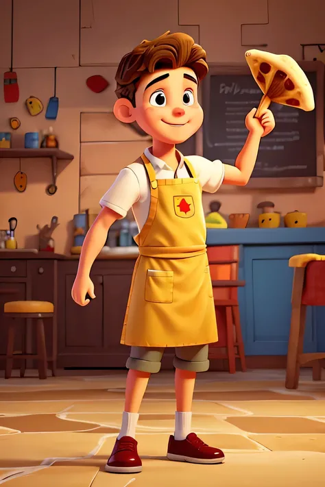 desenho, cartoon style animation, pintura digital, menino, Chef pizza, com um avental amarelo, with one hand raised, jogando uma massa de pizza para o alto.