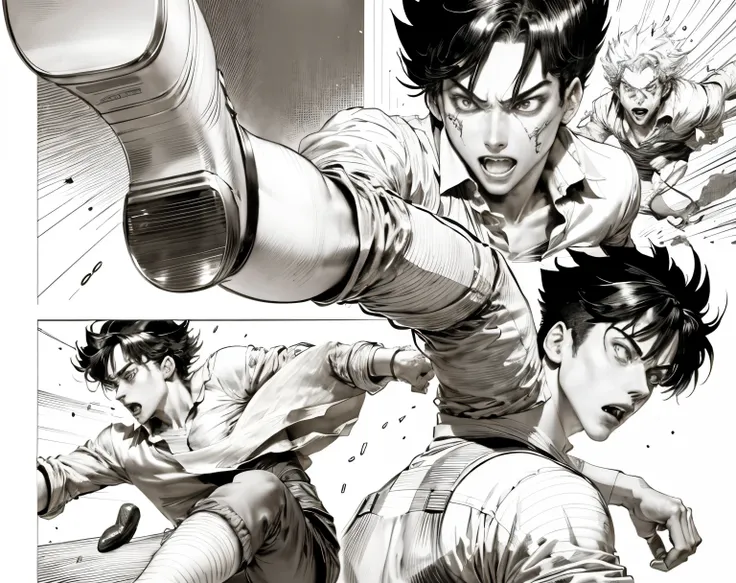 a drawing of a man in a white shirt and pants kicking, black and white manga page, Yoshitaka Amano e Junji Ito, Estilo Hajime Isayama, black and white manga panel, manga scans, manga page, striking manga artstyle, em Berserk Manga, award winning manga styl...