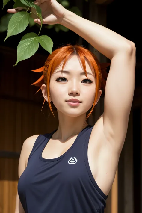 hinata from naruto Shippuden, UHD Hinata , Sleeveless top, Arms up in the air, UHD armpit details, UHD Face details, UHD underarms, Leaf village