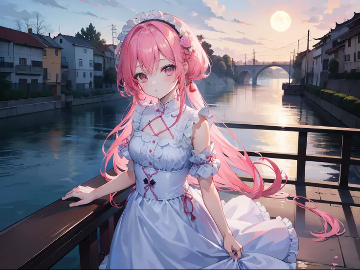 Chica sosteniendo rosa，Stand on a bridge in the moonlight，El fondo es de estilo chino.。Sus rasgos faciales son delicados，La calidad de imagen es la mejor，Ofrezca resultados de obra maestra，The image is clear and sharp.，ultra HD 4k resolution