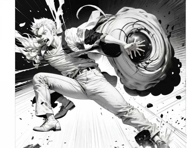 a drawing of a man in a white shirt and pants kicking, black and white manga page, Yoshitaka Amano e Junji Ito, Estilo Hajime Isayama, black and white manga panel, manga scans, manga page, striking manga artstyle, em Berserk Manga, award winning manga styl...