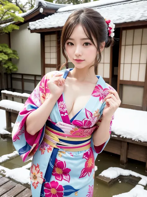 (colorful printed japanese Kimono: 1.2), ((of the highest quality, 8K, masutepiece: 1.3, Raw photo)), Sharp Focus: 1.2, (1 AESPA Girl :1.1), SOLO, (Realistic, Photorealistic: 1.37), (Face Focus: 1.1), Cute face, hyperdetailed face, (updo: 1.2), (Falling sn...