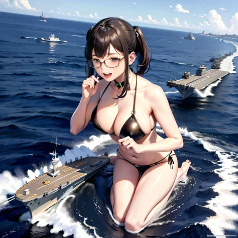 Multiple girls, der riese art, 非常に詳細なder rieseショット, der riese, Shorthair, Giant woman bigger than a skyscraper, Wearing rimless glasses, Colossal tits, Big ass, Bikini swimwear, i&#39;m playing with the small aircraft carriers and battleships of the dwarf ...