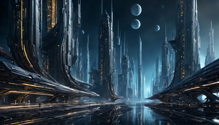 es de noche, on an unknown planet there exists a futuristic city with immense technologically designed buildings that form an in...