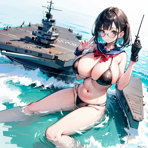 Multiple girls, der riese art, 非常に詳細なder rieseショット, der riese, Shorthair, Giant woman bigger than a skyscraper, Wearing rimless glasses, Colossal tits, Big ass, Bikini swimwear, i&#39;m playing with the small aircraft carriers and battleships of the dwarf ...