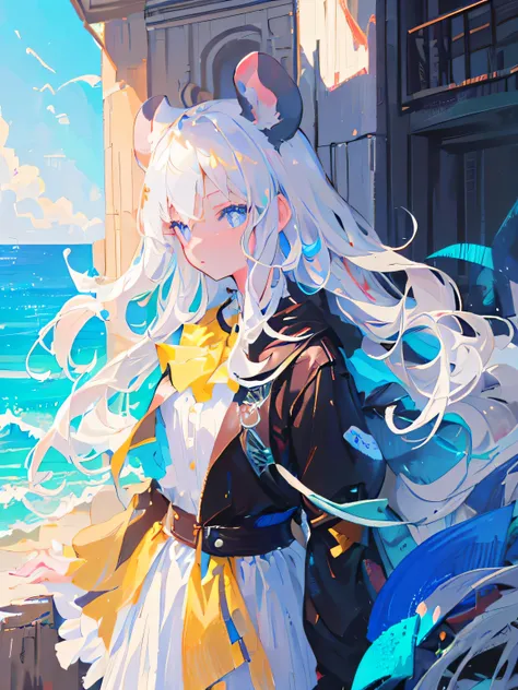 (Best quality at best,4K,8K,A high resolution,tmasterpiece:1.2),ultra - detailed,(actual,photoactual,photo-actual:1.37),Manteau blanc,long flowing white hair,Teenage girl,arknight,Mouse ears,Bright blue eyes,gentlesoftlighting,nature backdrop,breath of the...