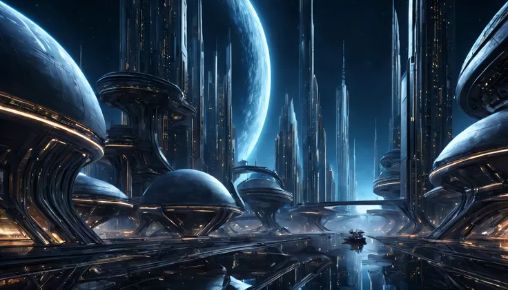 Es de noche, On an unknown planet there exists a futuristic city with immense technologically designed buildings that form an infinite avenue.., con estructuras acristaladas en plata, oro y bronce espectaculares. Con colores vivos. Suelo Ensolado. gente pa...
