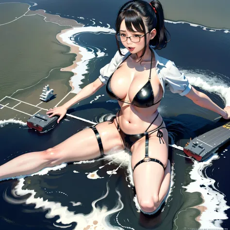 Multiple girls, der riese art, 非常に詳細なder rieseショット, der riese, Shorthair, Giant woman bigger than a skyscraper, Wearing rimless glasses, Colossal tits, Big ass, Bikini swimwear, i&#39;m playing with the small aircraft carriers and battleships of the dwarf ...