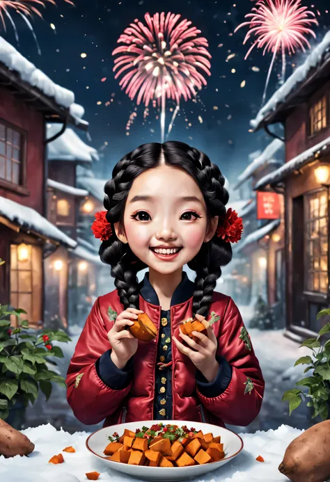 (2024 New Year theme poster design）,(Cute kawaii happy smiling asian girl wearing red floral retro cotton jacket is eating roasted sweet potato） ，Steamed and roasted sweet potatoes，（Playful black braids），奈良美智、Ray Caesar、Liuye Design,Background with：new yea...