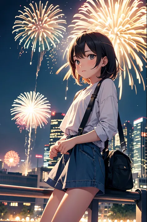 tomboy girl watching fireworks in the middle of city