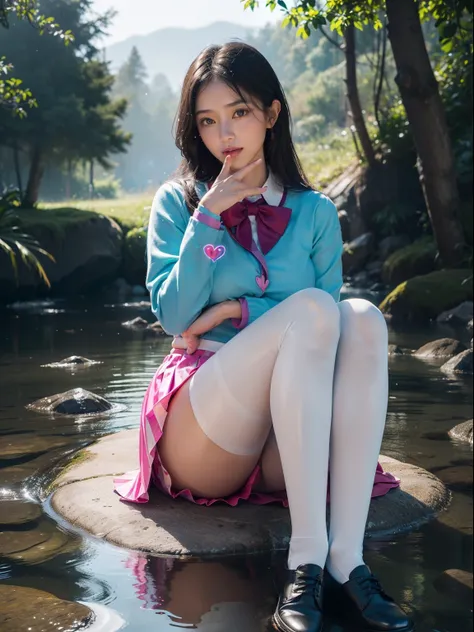 8k hd quality,(full body:2)，(1girl:1.3),(view the viewer:1.4)，(anatomy correct:1.45),(Sitting by the creek, Make a heart to heart gesture with both hands:1.35),(Extremely thick polished printed pantyhose:1.4),(A mature and  woman Wear printed fantasy color...