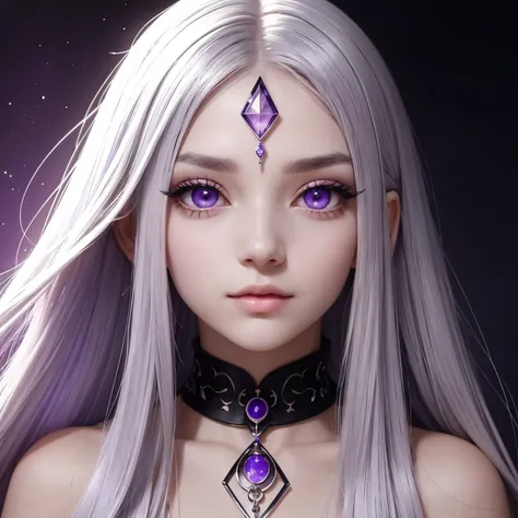 A girl with long straight silver hair; violet eyes in a dark tone; white skin; beautiful eyelashes and a chakra crystal on her forehead.