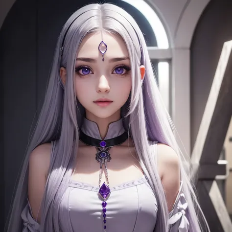 A girl with long straight silver hair; violet eyes in a dark tone; white skin; beautiful eyelashes and a chakra crystal on her forehead.