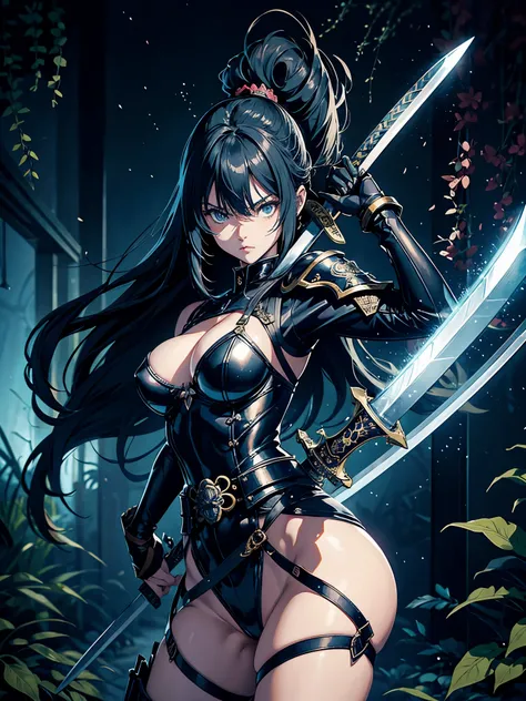 Anime girl with sword and armor in a dark room with ornate background, inspired by Masamune Shirow, badass anime 8 K, she holds a sword, she is holding a katanas sword, by shirow masamune, with large sword, style of masamune shirow, unsheathing her katanas...