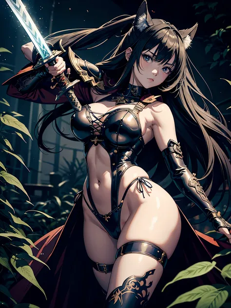 Anime girl with sword and armor in a dark room with ornate background, inspired by Masamune Shirow, badass anime 8 K, she holds a sword, she is holding a katanas sword, by shirow masamune, with large sword, style of masamune shirow, unsheathing her katanas...