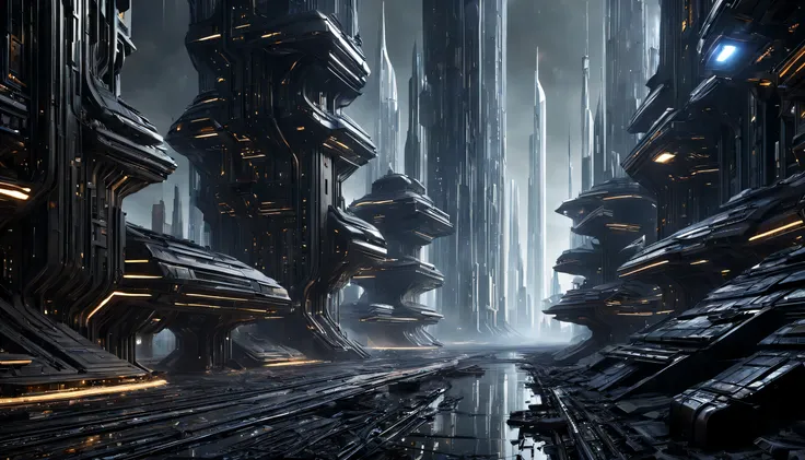 Es de noche, On an unknown planet there exists a futuristic city with immense technologically designed buildings that form an infinite avenue.., con estructuras acristaladas en plata, oro y bronce espectaculares. Con colores vivos. Suelo Ensolado. gente pa...