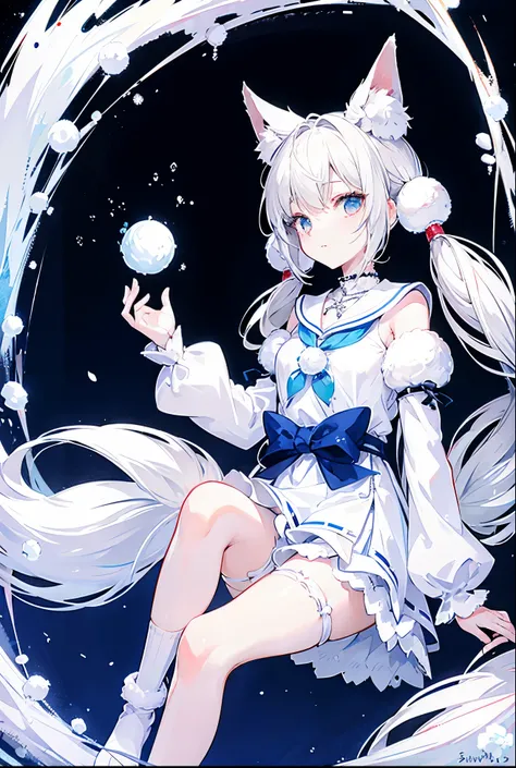 Snowball twintails，White skin of the，ccurateblack hair，With silver necklace，Over-the-knee white socks，Shirayuki&#39;s fox earox tails，Very delicate JK clothing