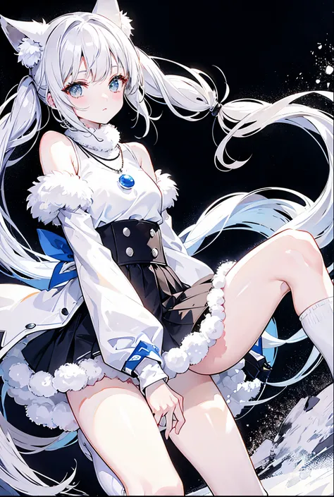 Snowball twintails，White skin of the，ccurateblack hair，With silver necklace，Over-the-knee white socks，Shirayuki&#39;s fox earox tails，Very delicate JK clothing