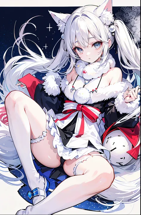 Snowball twintails，White skin of the，ccurateblack hair，With silver necklace，Over-the-knee white socks，Shirayuki&#39;s fox earox tails，Very delicate JK clothing