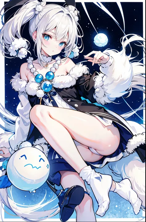 Snowball twintails，White skin of the，ccurateblack hair，With silver necklace，Over-the-knee white socks，Shirayuki&#39;s fox earox tails，Very delicate JK clothing