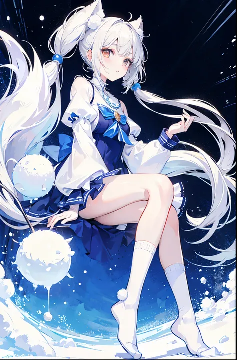 Snowball twintails，White skin of the，ccurateblack hair，With silver necklace，Over-the-knee white socks，Shirayuki&#39;s fox earox tails，Very delicate JK clothing