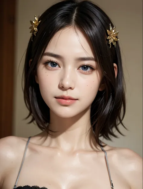 Best Quality, masutepiece, 超A high resolution, (Photorealistic:1.4), Face Up、macro raw photo, 1girl in, kｰpop idol, short-hair, Indoor, Summer noon,Detailed eyes,(realisticeyes),delicated face,realskin,detailed hairs,Detailed skin,Beautiful face,Smiling、((...