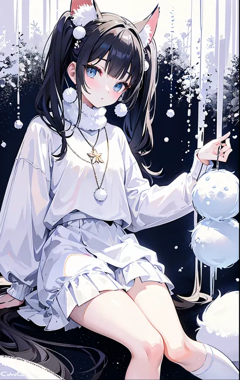 Snowball twintails，White skin of the，ccurateblack hair，With silver necklace，Over-the-knee white socks，Snowy fox earox tails，Very delicate JK clothing